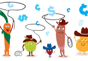cartoon vegetables wearing cowboy gear