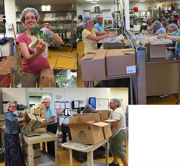 Weaver Street Market volunteers sort and box food for monthly deliveries to PORCH.