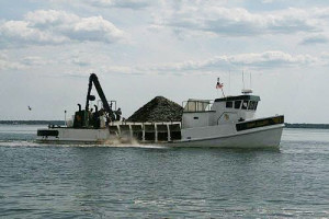 boat seeding the oyster beds