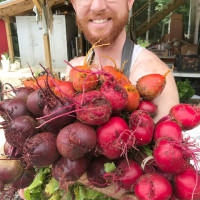 man holding beets