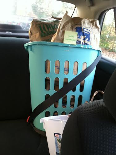bin of food buckled into seat in car