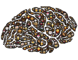 artwork of brain made of junk food emojis