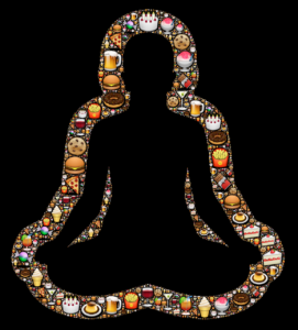 silhouette of person practicing yoga, surrounded by junk food