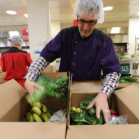 a man holding bunches of kale over two boxes of produce