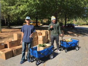 men with wagons picking up food boxes