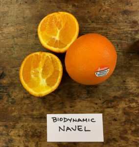 sliced orange labeled biodynamic