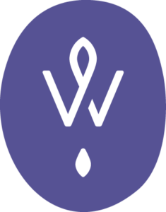 a small logo that is a purple oval with a W