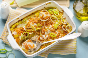 baking dish with leeks and breadcrumbs