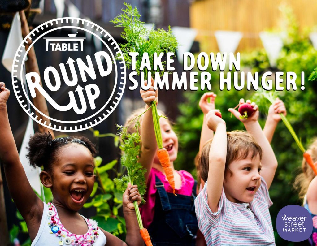 three children holding carrots and cheering, with "Take Down Summer Hunger" text