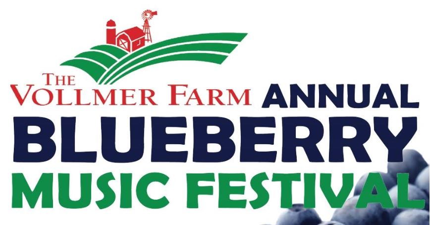 Text that reads "Vollmer Farm Annual Blueberry Music Festival" in red, blue, and green