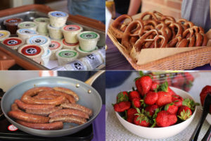 cheeses, pretzels, sausages, and strawberries