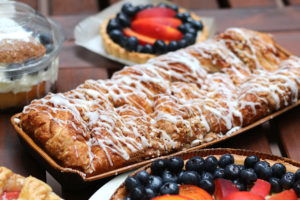 coffeecake with sugary icing drizzled on top