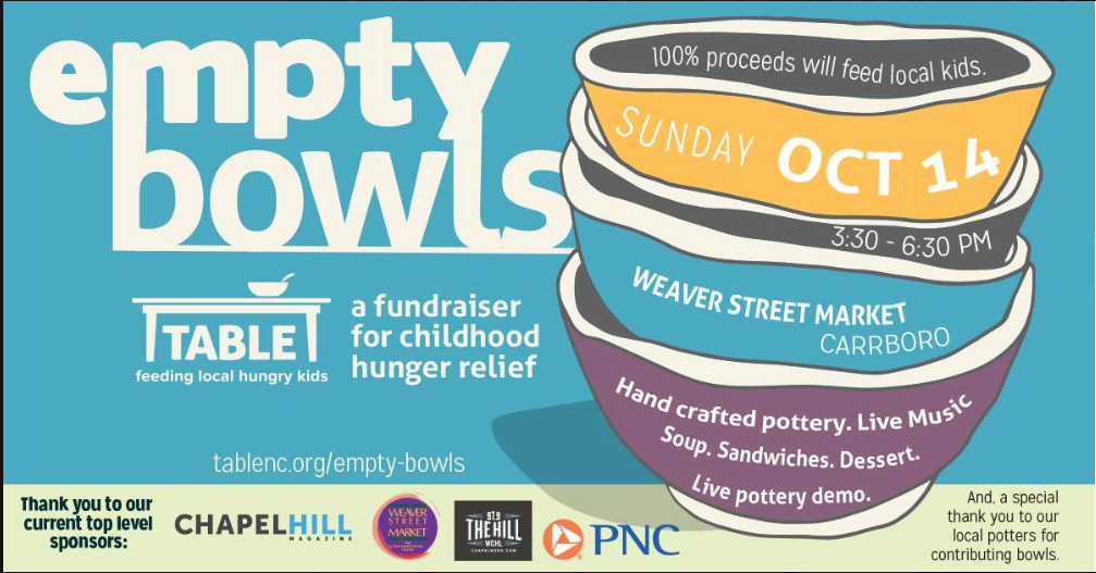 poster for Empty Bowls event showing a stack of bowls