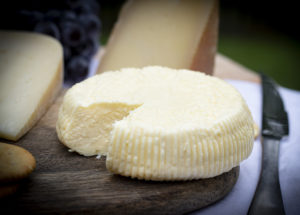 a round cheese with a piece missing, on a board