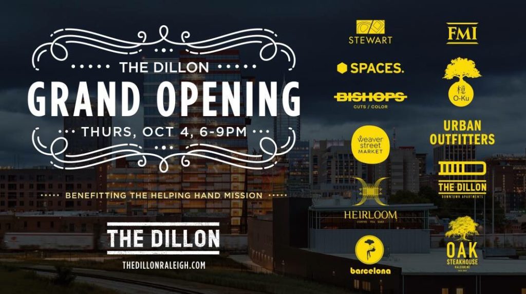 event poster that says Grand Opening and lists names of Dillon tenants