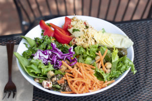 a bowl of salad separated into parts (lettuce, shredded carrot, sliced pepper, pasta salad)