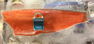 long side of salmon wrapped in plastic, on ice