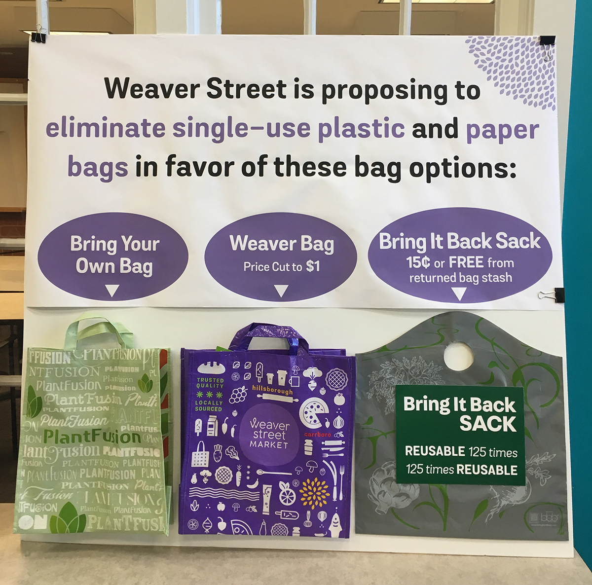 poster in store with three bag options attached