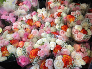 many bunches of roses with baby's breath mixed in