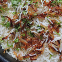 caramelized ontions atop rice