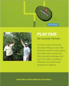 poster with avocado as a football, that says "read here" to read about the causes of the avocado strike