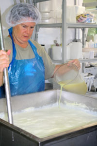 Portia stirring milk in a large vat and adding acid, in the cheese room at Chapel Hill Creamery