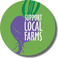button with a beet that says Support Local Farms