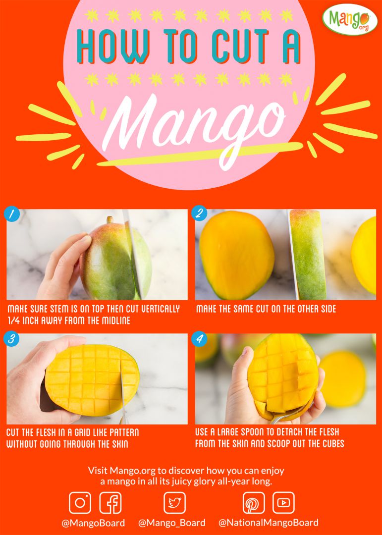 diagram showing how to cut a mango by slicing each side off, cutting cubes, and scooping the cubes off the skin