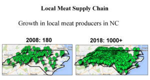 two maps of NC with dots for hog farmers; the numbe rincreased from 180 in 2008 to 1000+ in 2018