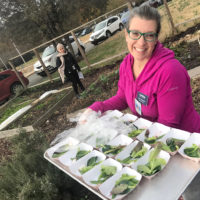 woman in community garden holding tray with samples of green leafy vegetable for eating