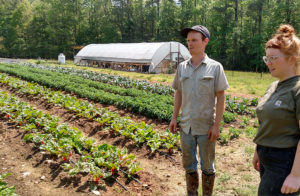 Dave and Caitlin in field at Red's Quality Acre, with greens growing and hoophouse in back