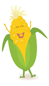 cartoon ear of corn with face and arms and legs, cheering