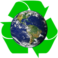 recycling symbol with three arrows in a circle, with earth on top