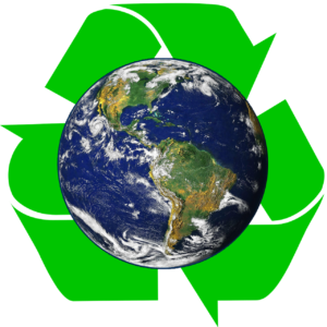 recycling symbol with three arrows in a circle, with earth on top