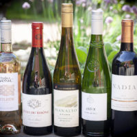 five wine bottles in a row