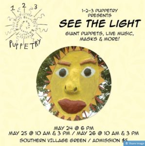 flyer for event that repeats information listed on this page, with photo of puppet face of the sun