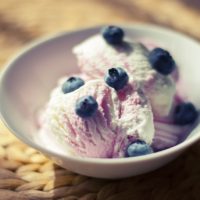 bowl with two scoops of ice cream, with blueberries on top