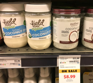 Field Day coconut oil priced 6.99 next to another brand on sale for 8.99