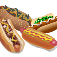 a drawing of four cartoon hot dogs in bunswith different colors and shapes of toppings
