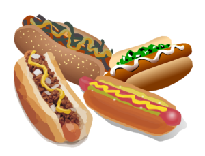 a drawing of four cartoon hot dogs in bunswith different colors and shapes of toppings