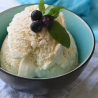 bowl with large scoop of vanilla ice cream, with blueberries on top
