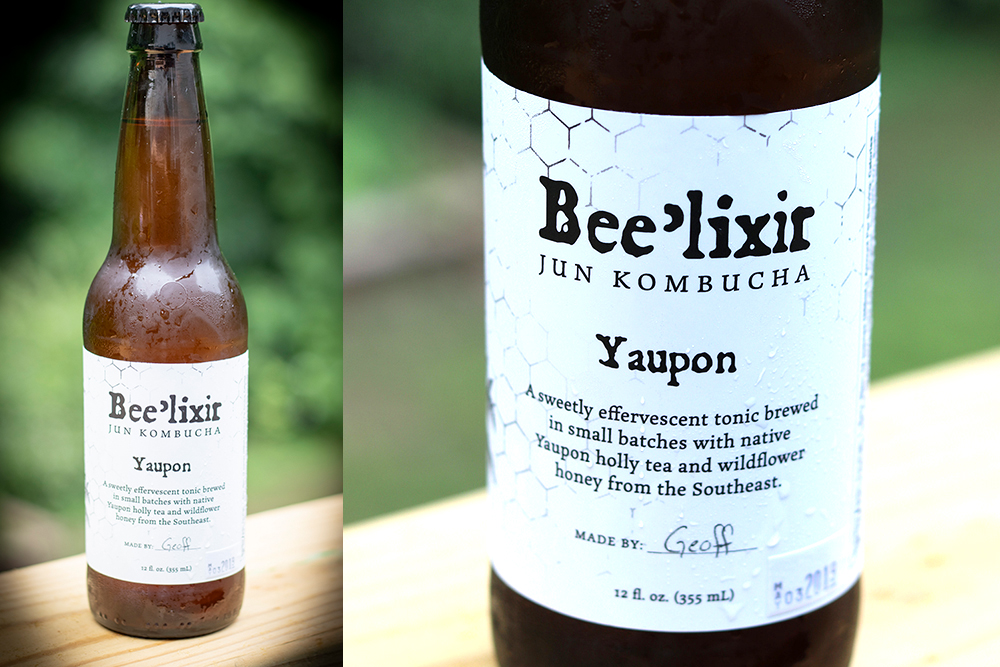 bottle of kombucha and closeup of label