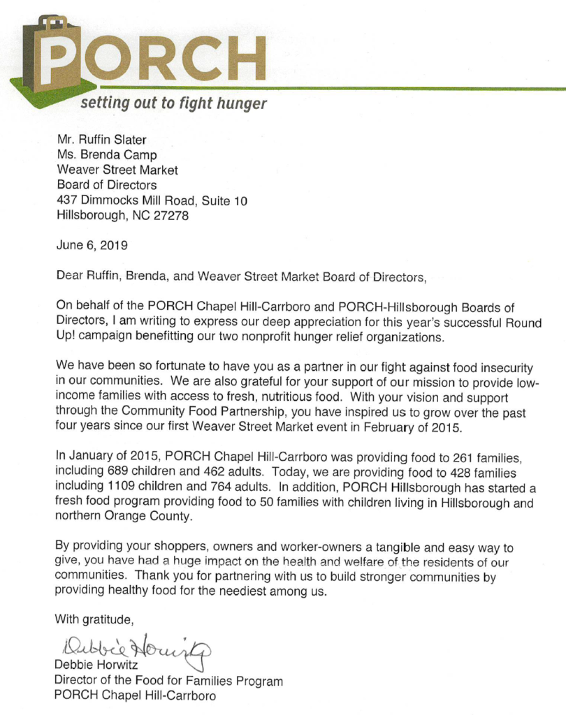 letter from head of PORCH thanking us for the donations (it repeats the numbers given in the blog post)