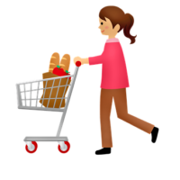 cartoon of woman pushing grocery cart with bag in it