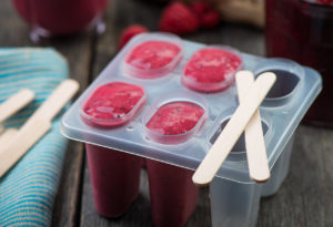 homemade frozen fruit pops in plastic container with wooden sticks