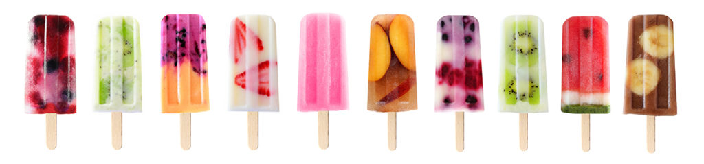row of frozen pops with different fruits showing inside them