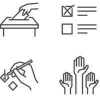 icons related to voting (hands in air, ballot box, check box marked off)