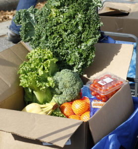 cardboard box of produce including kale, bananas, clementines, and cherry tomatoes